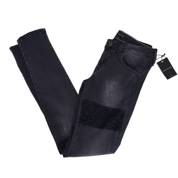 Fornarina Denim - Distressed Black Denim & Lace Skinny Leg Jeans 29